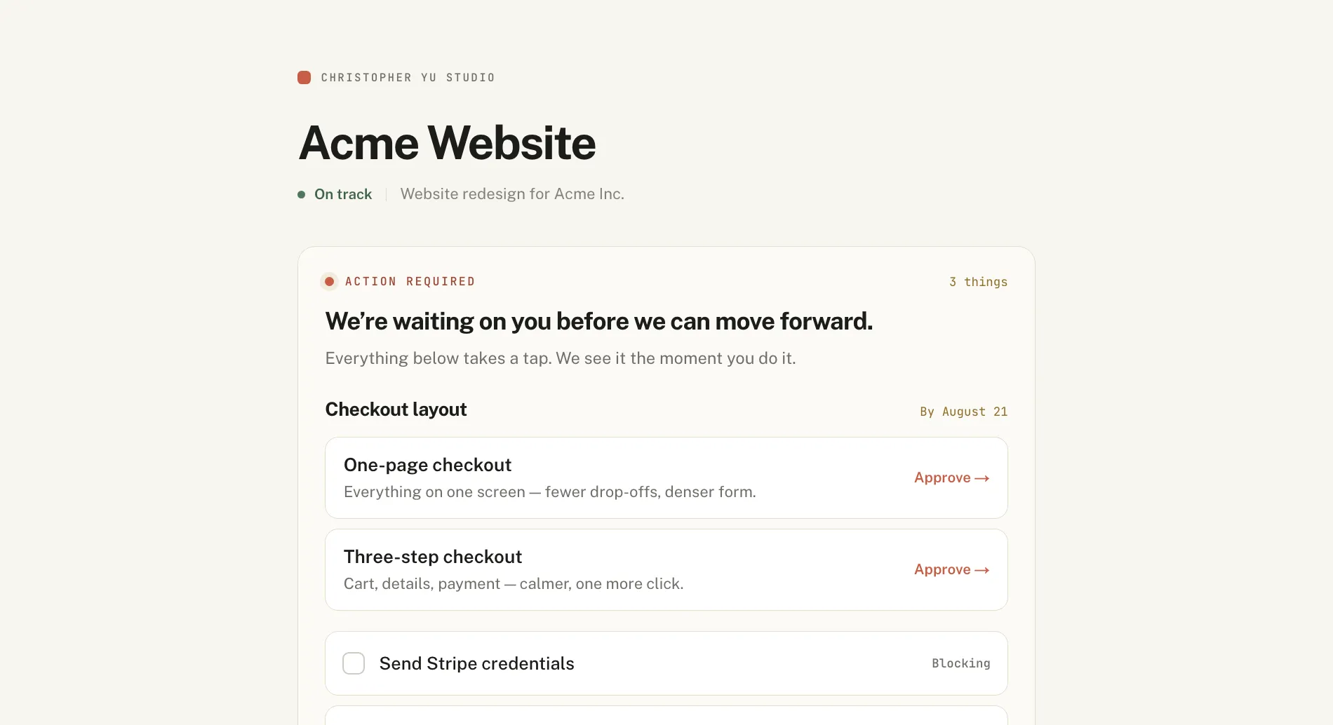 A Sightline client page, showing the decision and the requests waiting on the client